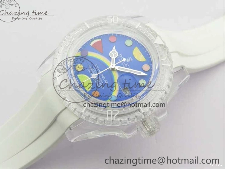 MiroTime 0123 Submariner Phantomlab Transparent KZF Best Edition Blue Fruit Dial on White Rubber Strap VR Classic 2563